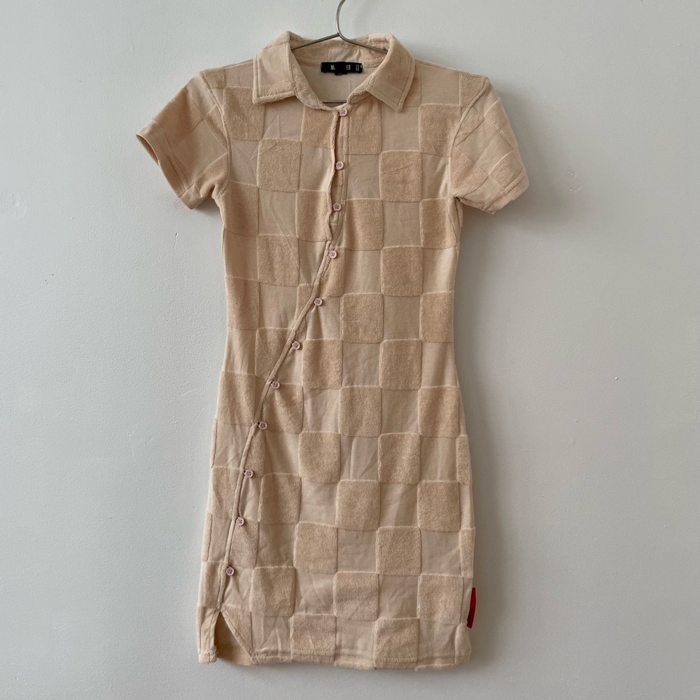 Misguided Petite cream embossed plaid toweling mini dress